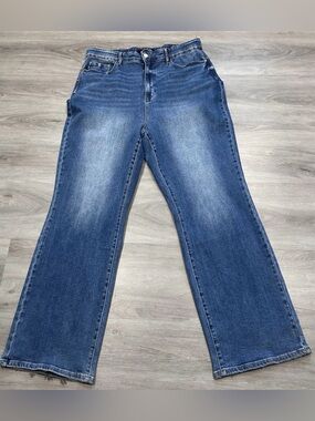 Judy Blue High Rise Wide Leg Jeans 3XL Jumpsuit Style Raw Waist Frayed Blue 34